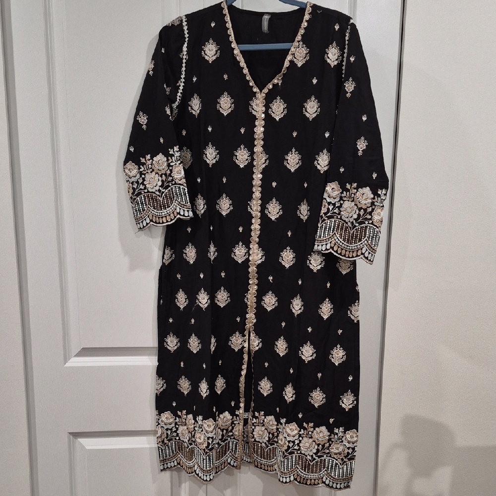 Black Embroidered Long Open-Front Kurta with Gold Accents